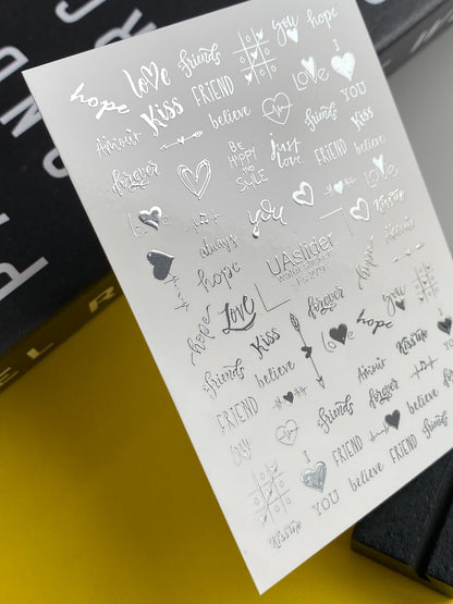 Nail Water Decal Fs-279 | Romantic Water Slide Nail Decals | Silver Foil Words & Love Symbols
