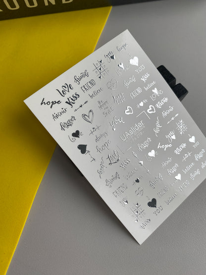 Nail Water Decal Fs-279 | Romantic Water Slide Nail Decals | Silver Foil Words & Love Symbols