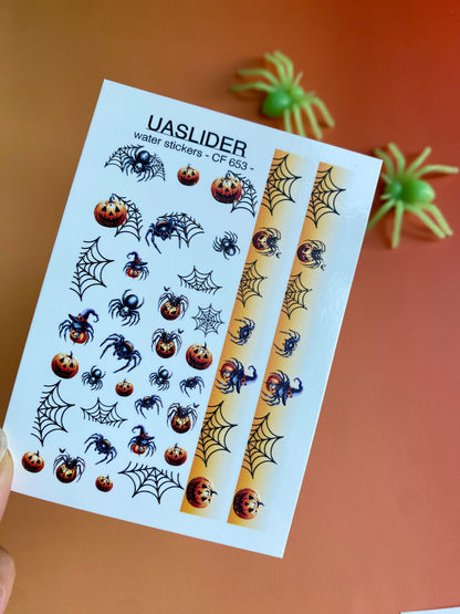 Nail Water Decal CF-653 | Halloween Nail Water Decals | Pumpkins, Spiders & Gradient Web Strips