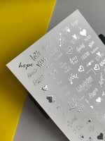 Nail Water Decal Fs-279 | Romantic Water Slide Nail Decals | Silver Foil Words & Love Symbols - UASLIDER