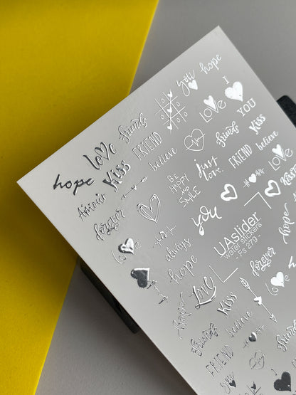 Nail Water Decal Fs-279 | Romantic Water Slide Nail Decals | Silver Foil Words & Love Symbols