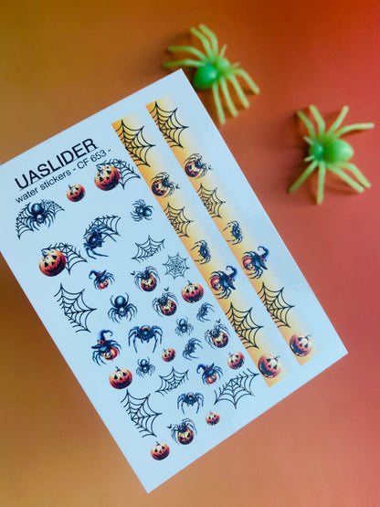 Nail Water Decal CF-653 | Halloween Nail Water Decals | Pumpkins, Spiders & Gradient Web Strips