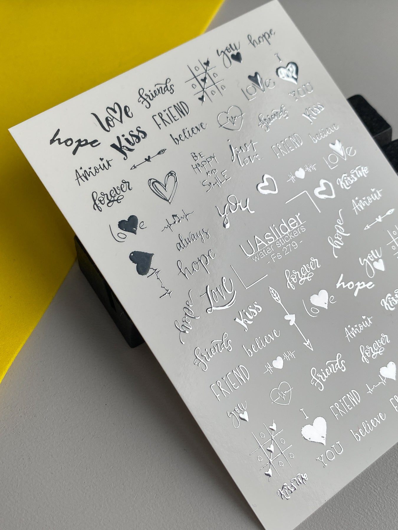 Nail Water Decal Fs-279 | Romantic Water Slide Nail Decals | Silver Foil Words & Love Symbols