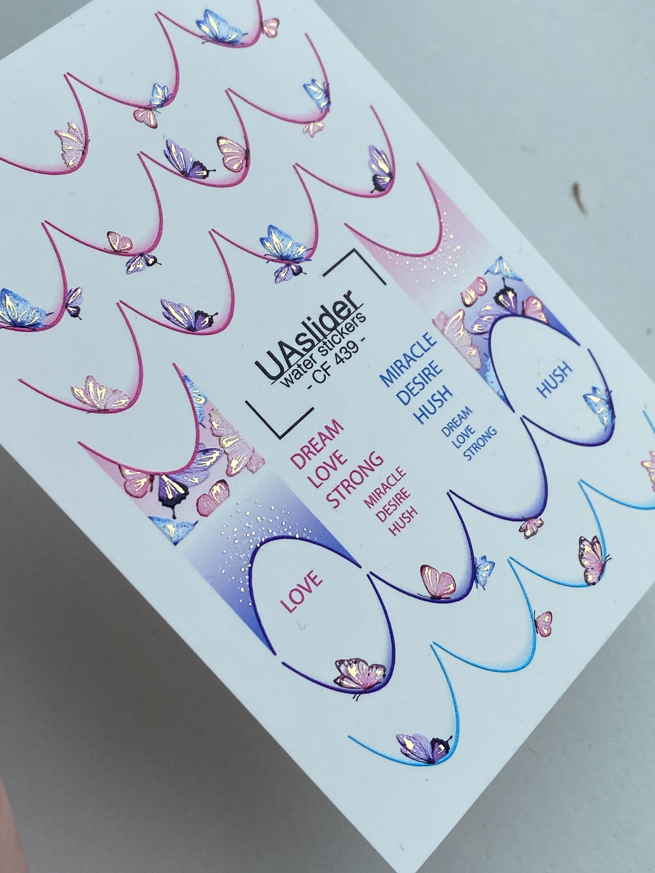 Nagų vandens lipdukas CF-439 | Drugelio prancūziško stiliaus nagų lipdukai | Svajingas gradientinis vandens slankiojantys lipdukai