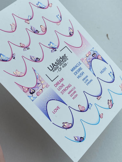 Nagų vandens lipdukas CF-439 | Drugelio prancūziško stiliaus nagų lipdukai | Svajingas gradientinis vandens slankiojantys lipdukai