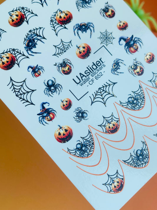 Nail Water Decal CF-652 | Halloween Water Slide Nail Decals | Pumpkins, Spiders & Web French Tips