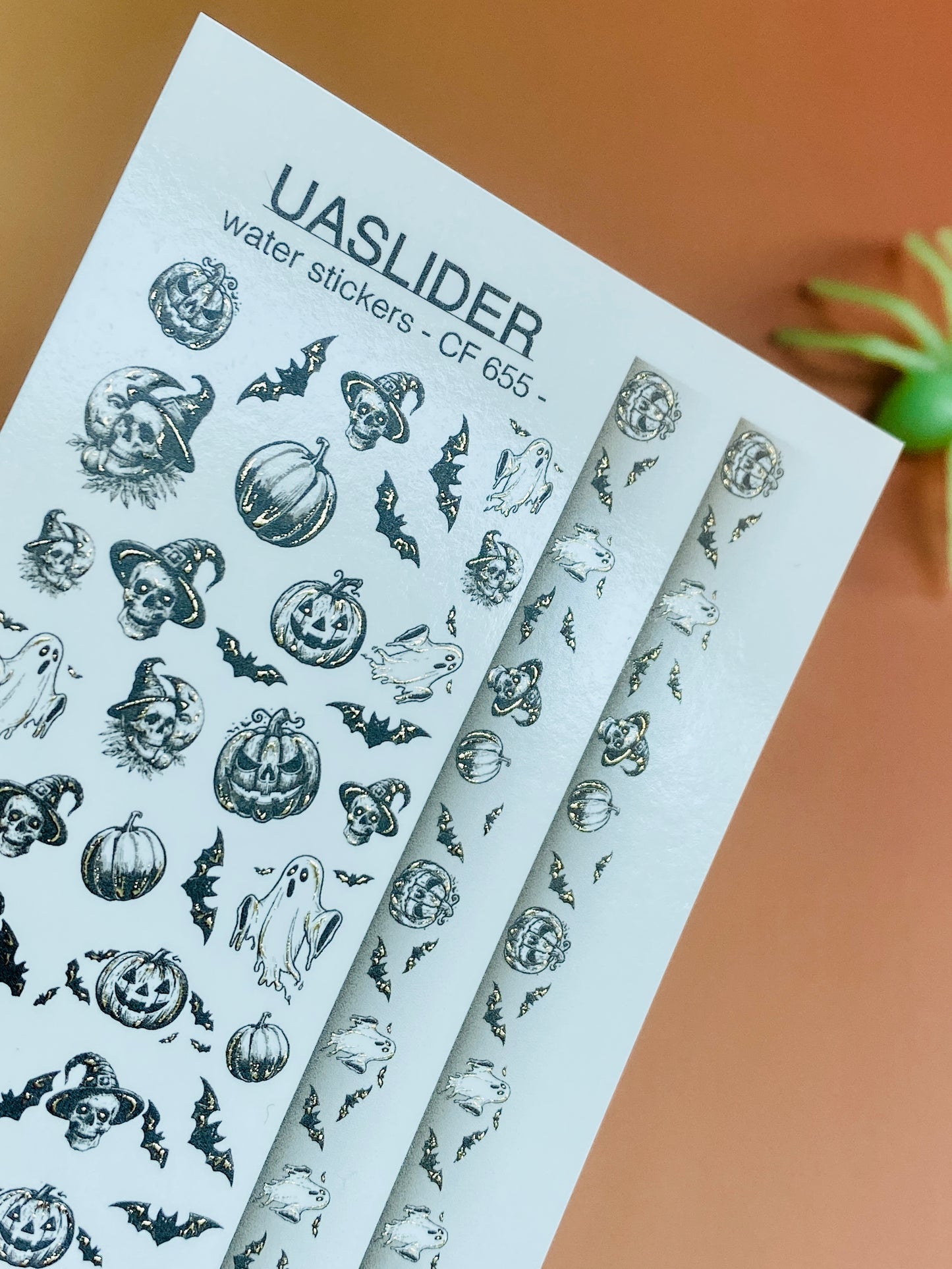 Nail Water Decal CF-655 | Halloween Water Transfer Nail Decals | Black & White Ghosts, Skulls & Full Strips