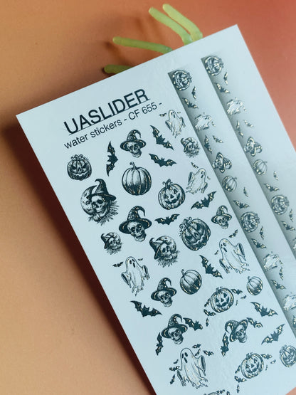 Nail Water Decal CF-655 | Halloween Water Transfer Nail Decals | Black & White Ghosts, Skulls & Full Strips