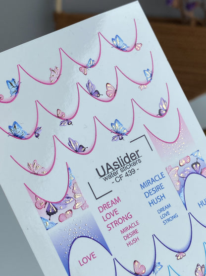 Nagų vandens lipdukas CF-439 | Drugelio prancūziško stiliaus nagų lipdukai | Svajingas gradientinis vandens slankiojantys lipdukai