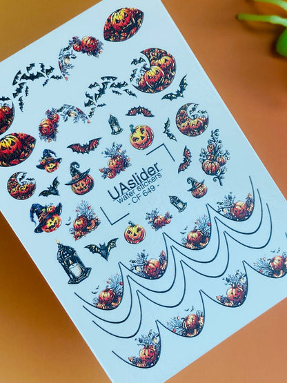 Nail Water Decal CF-649 | Halloween Water Slide Nail Decals | Pumpkins, Bats & French Tips
