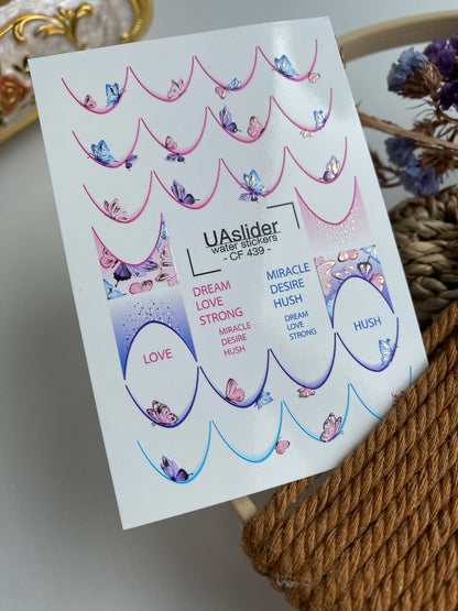 Nagų vandens lipdukas CF-439 | Drugelio prancūziško stiliaus nagų lipdukai | Svajingas gradientinis vandens slankiojantys lipdukai