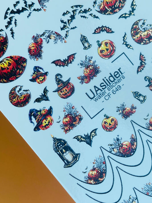 Nail Water Decal CF-649 | Halloween Water Slide Nail Decals | Pumpkins, Bats & French Tips