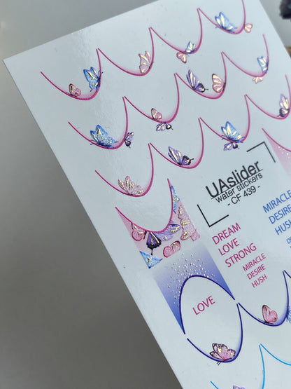 Nagų vandens lipdukas CF-439 | Drugelio prancūziško stiliaus nagų lipdukai | Svajingas gradientinis vandens slankiojantys lipdukai