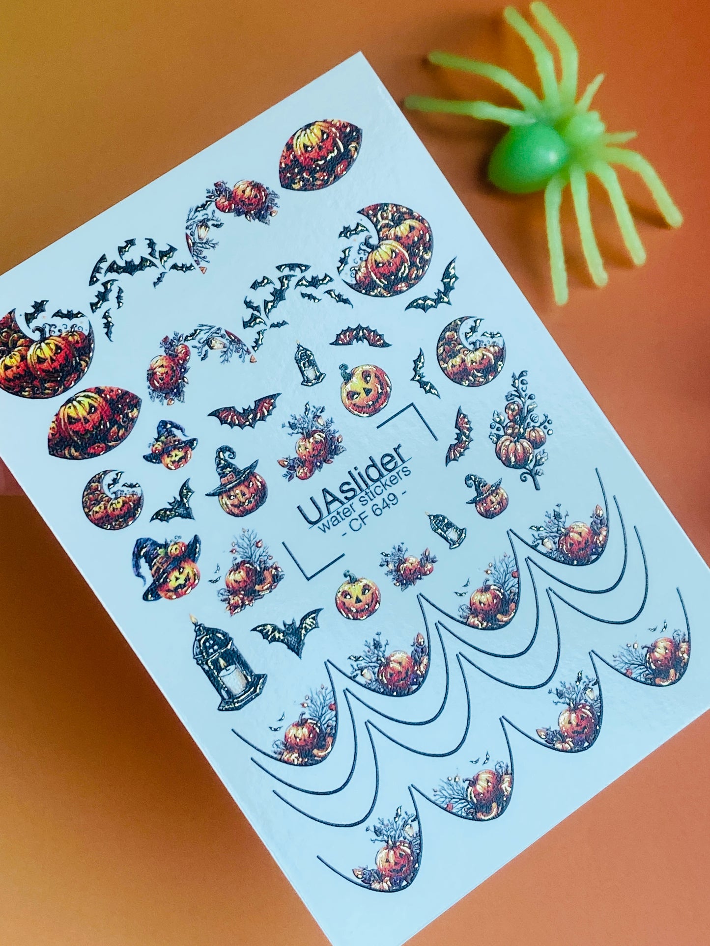 Nail Water Decal CF-649 | Halloween Water Slide Nail Decals | Pumpkins, Bats & French Tips