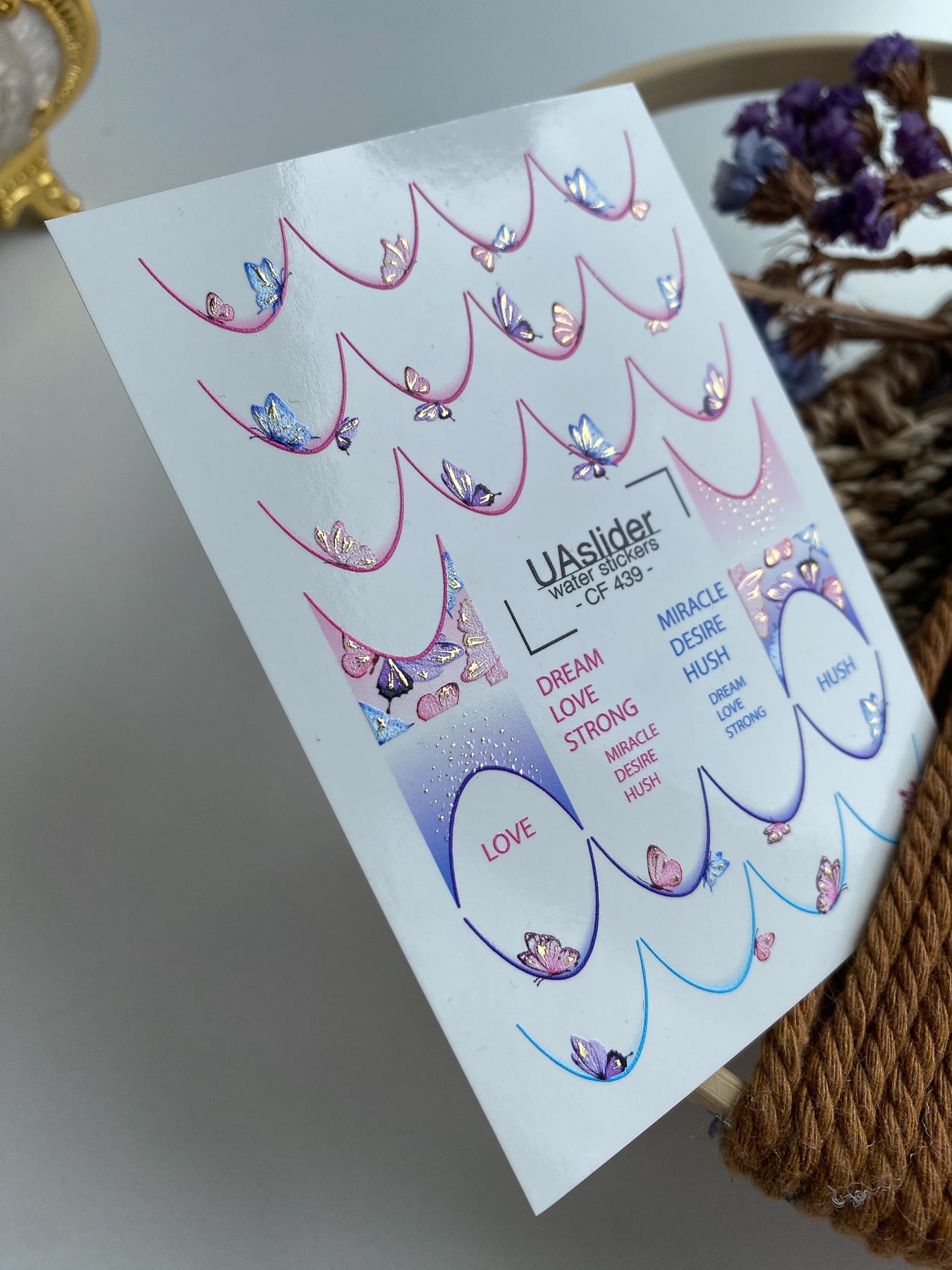 Nagų vandens lipdukas CF-439 | Drugelio prancūziško stiliaus nagų lipdukai | Svajingas gradientinis vandens slankiojantys lipdukai
