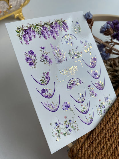 Nail Water Decal CF-443 | Floral Water Slide Nail Decals | Lavender & Purple French Tips