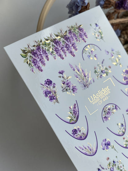 Nail Water Decal CF-443 | Floral Water Slide Nail Decals | Lavender & Purple French Tips