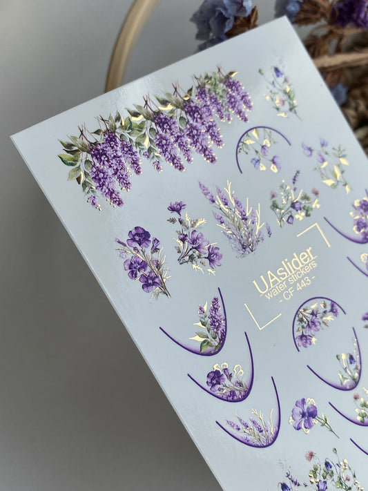 Nail Water Decal CF-443 | Floral Water Slide Nail Decals | Lavender & Purple French Tips
