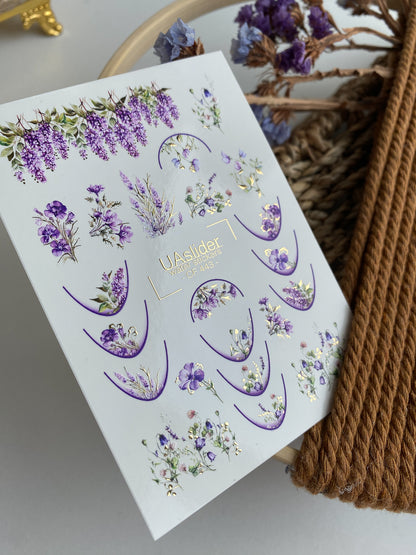Nail Water Decal CF-443 | Floral Water Slide Nail Decals | Lavender & Purple French Tips