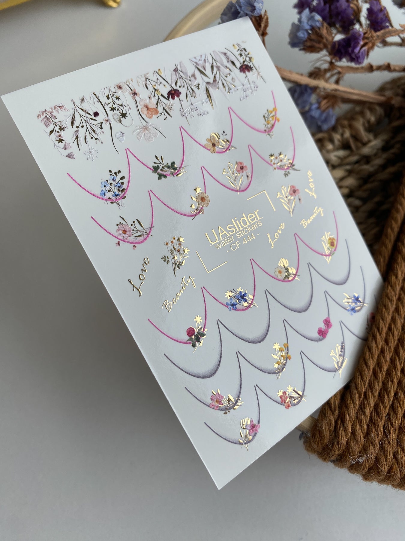 Nail Water Decal CF-444 | Floral Water Slide Nail Decals | French Tips with Gold Accents & Quotes