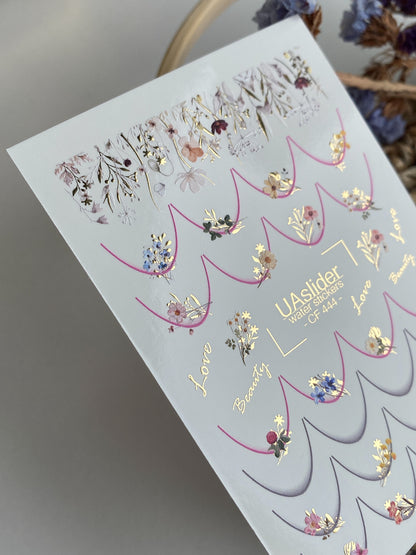 Nail Water Decal CF-444 | Floral Water Slide Nail Decals | French Tips with Gold Accents & Quotes