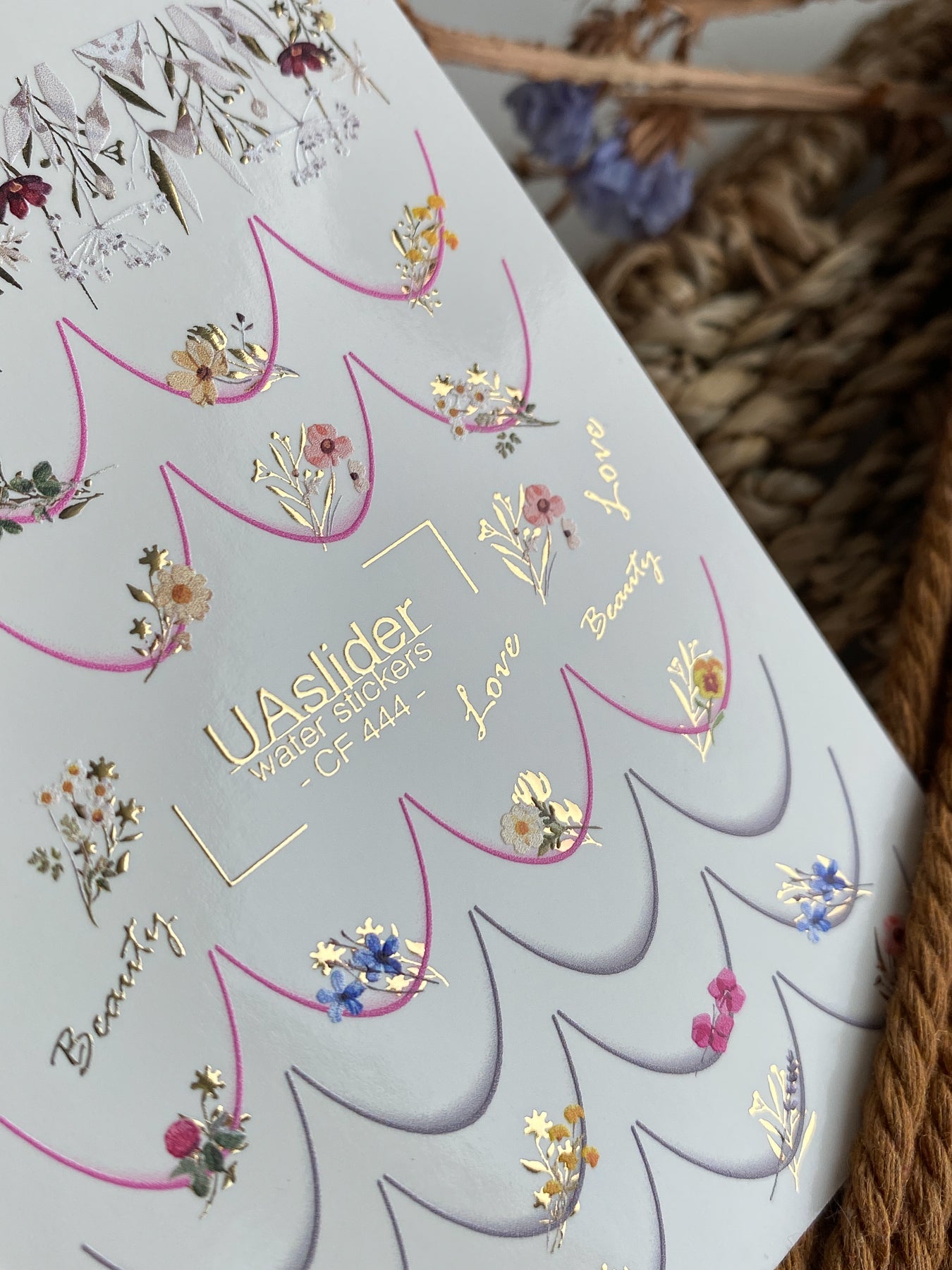 Nail Water Decal CF-444 | Floral Water Slide Nail Decals | French Tips with Gold Accents & Quotes