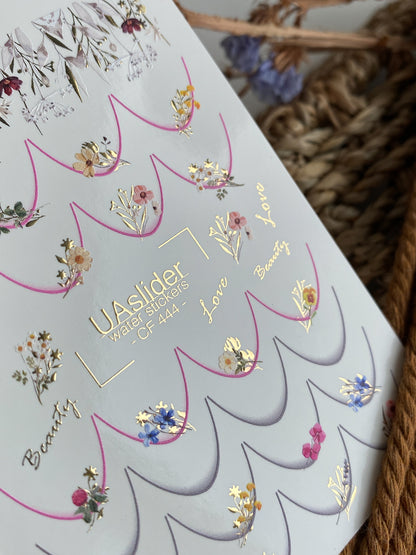 Nail Water Decal CF-444 | Floral Water Slide Nail Decals | French Tips with Gold Accents & Quotes