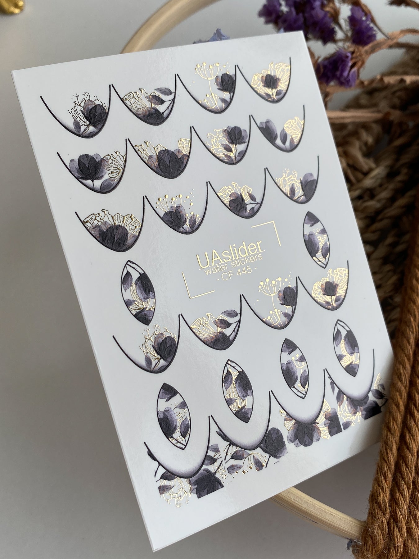 Nail Water Decal CF-445 | Floral Water Slide Nail Decals | Black Flowers with Gold French Tips - UASLIDER