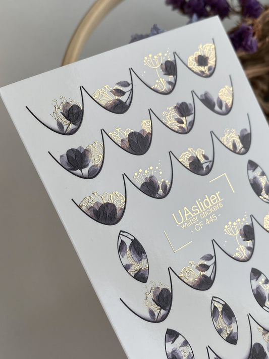 Nail Water Decal CF-445 | Floral Water Slide Nail Decals | Black Flowers with Gold French Tips