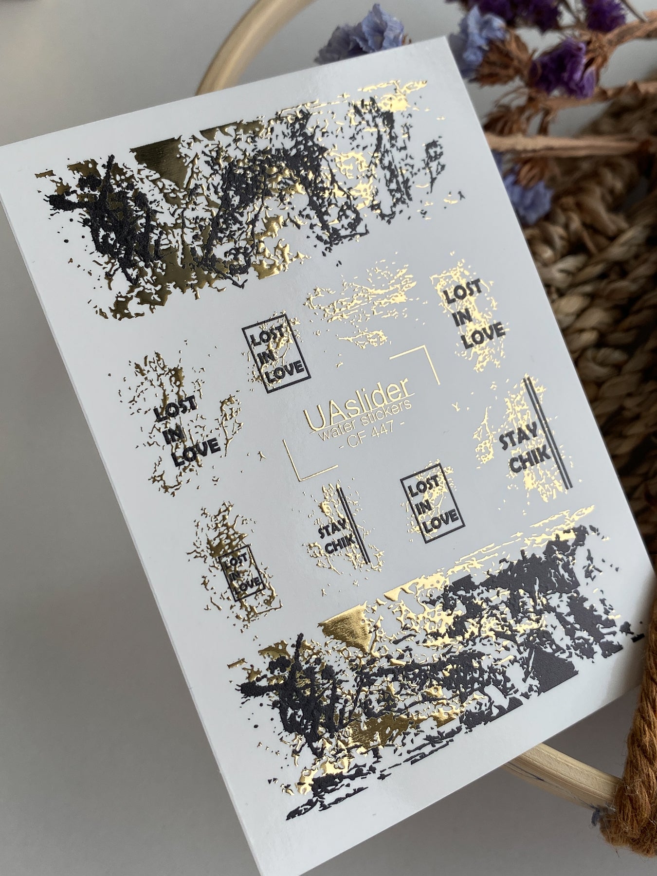 Nail Water Decal CF-447 | Abstract Water Slide Nail Decals | Black & Gold Foil with Quotes