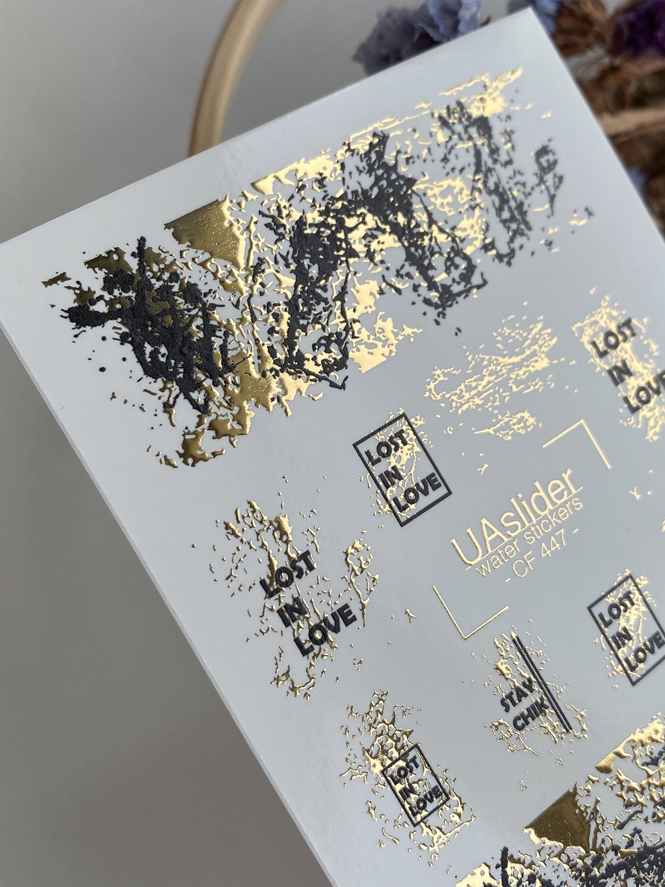 Nail Water Decal CF-447 | Abstract Water Slide Nail Decals | Black & Gold Foil with Quotes - UASLIDER