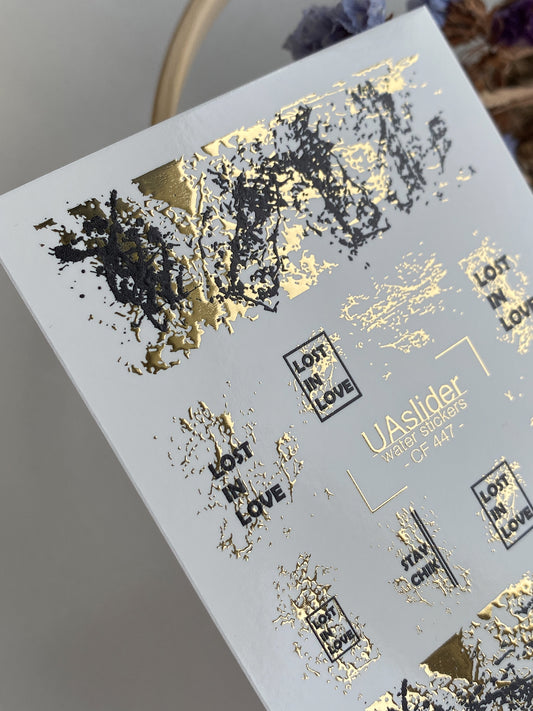 Nail Water Decal CF-447 | Abstract Water Slide Nail Decals | Black & Gold Foil with Quotes