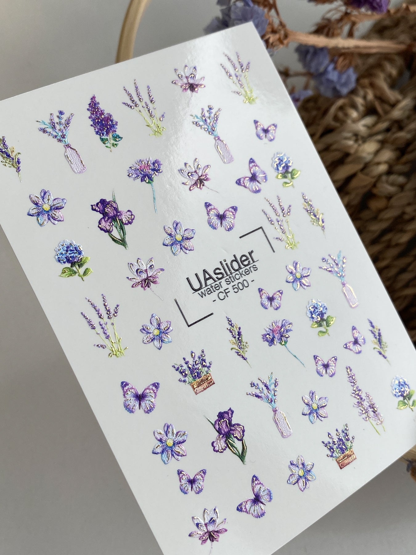 Nail Water Decal CF-500 | Lavender & Butterfly Nail Water Decals | Purple Floral Nail Stickers CF-500