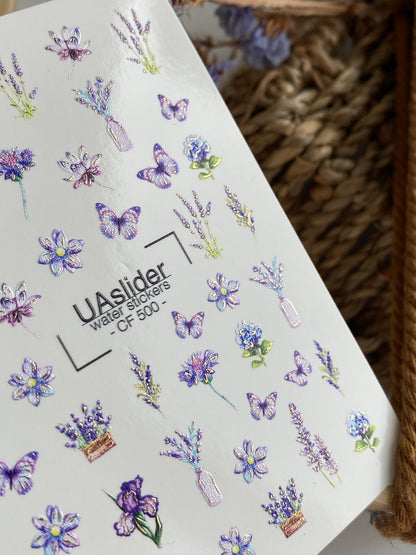 Nail Water Decal CF-500 | Lavender & Butterfly Nail Water Decals | Purple Floral Nail Stickers CF-500