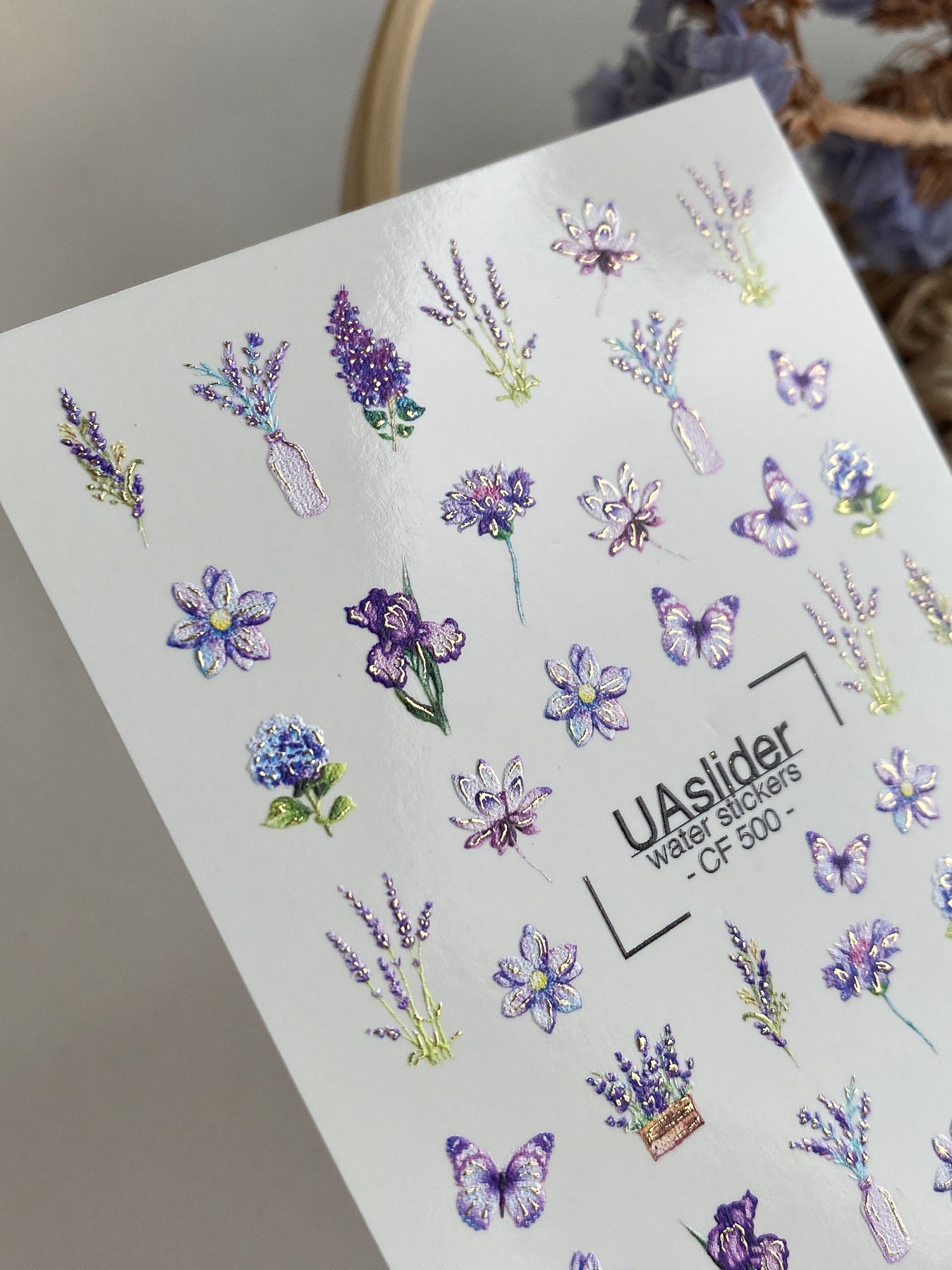 Nail Water Decal CF-500 | Lavender & Butterfly Nail Water Decals | Purple Floral Nail Stickers CF-500