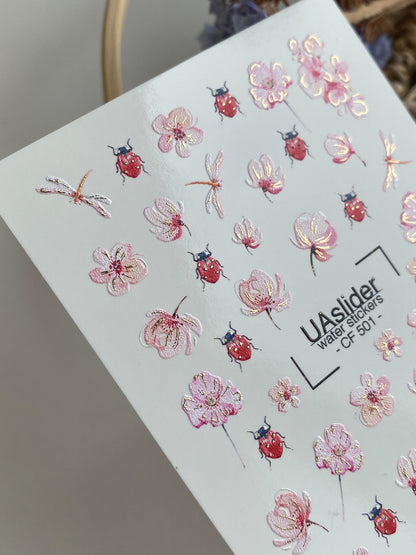 Nail Water Decal CF-501 | Water Slide Nail Decals with Flowers & Ladybugs | Spring Nail Art