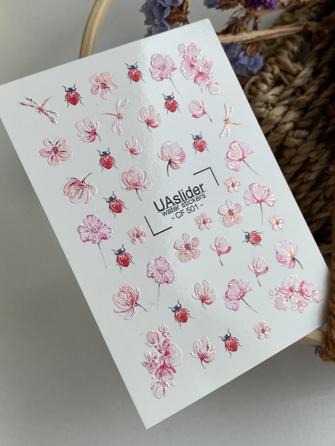 Nail Water Decal CF-501 | Water Slide Nail Decals with Flowers & Ladybugs | Spring Nail Art