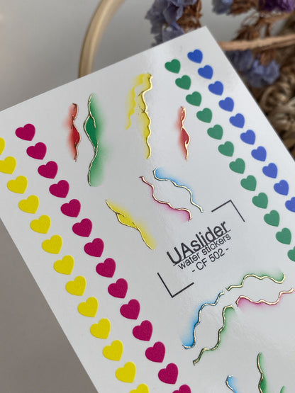 Nail Water Decal CF-502 | Water Slide Nail Decals with Rainbow Hearts & Abstract Lines | Colorful Nail Art