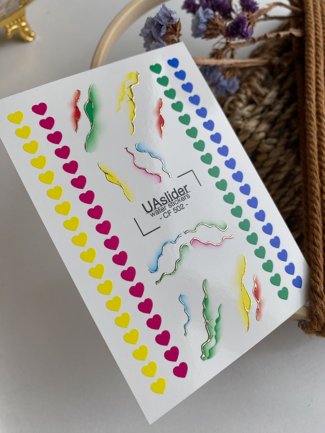 Nail Water Decal CF-502 | Water Slide Nail Decals with Rainbow Hearts & Abstract Lines | Colorful Nail Art