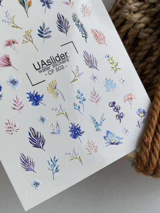 Nail Water Decal CF-503 | Water Slide Nail Decals with Blue Flowers & Botanical Leaves | Minimal Floral Nail Art