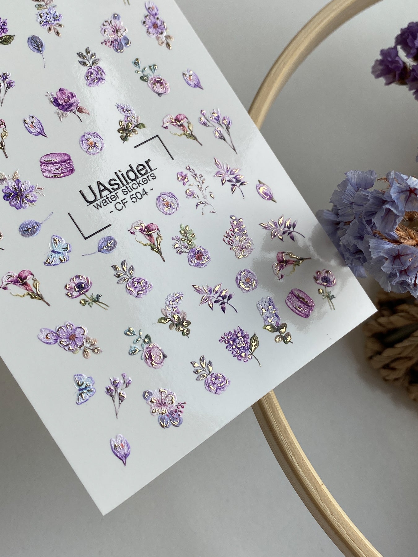 Nail Water Decal CF-504 | Water Slide Nail Decals with Purple Flowers & Butterflies | Romantic Floral Nail Art