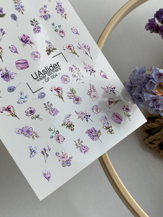 Nail Water Decal CF-504 | Water Slide Nail Decals with Purple Flowers & Butterflies | Romantic Floral Nail Art