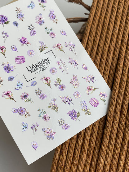 Nail Water Decal CF-504 | Water Slide Nail Decals with Purple Flowers & Butterflies | Romantic Floral Nail Art