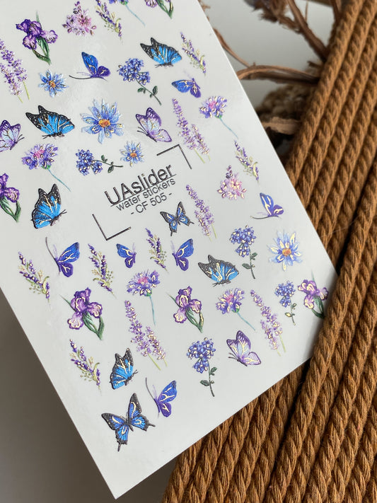 Nail Water Decal CF-505 | Water Slide Nail Decals with Blue Butterflies & Lavender Flowers | Floral Nail Art
