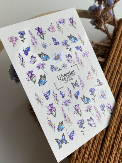 Nail Water Decal CF-505 | Water Slide Nail Decals with Blue Butterflies & Lavender Flowers | Floral Nail Art