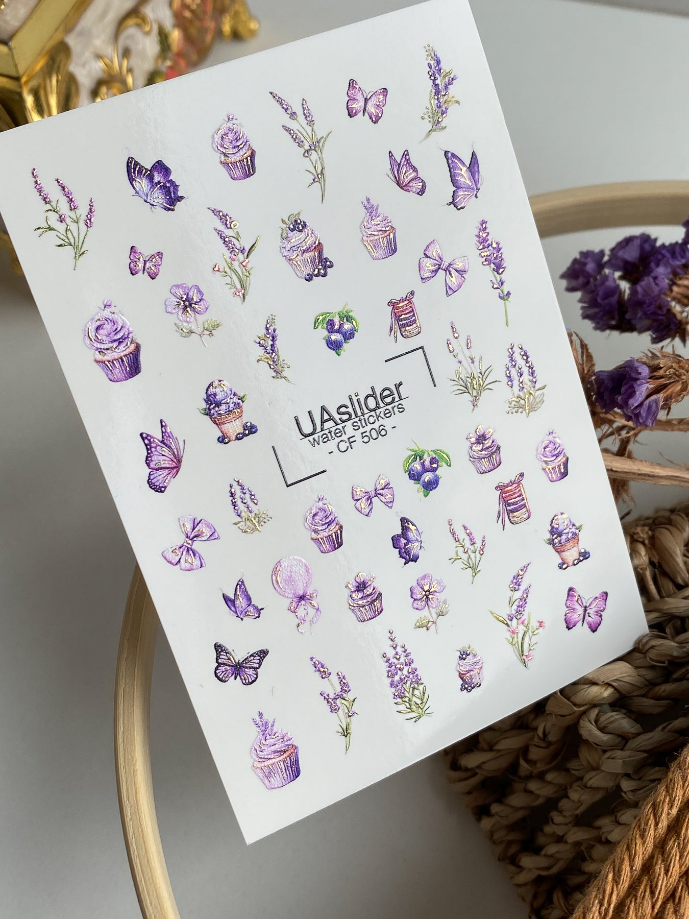 Nail Water Decal CF-506 | Water Slide Nail Decals with Lavender Cupcakes & Butterflies | Sweet Floral Nail Art