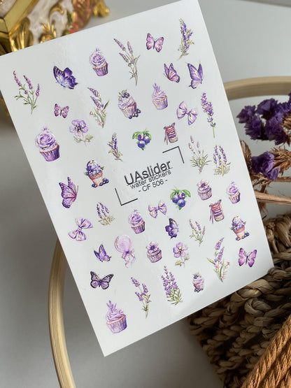 Nail Water Decal CF-506 | Water Slide Nail Decals with Lavender Cupcakes & Butterflies | Sweet Floral Nail Art