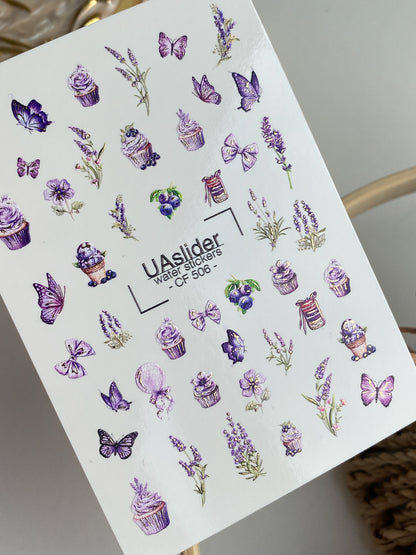 Nail Water Decal CF-506 | Water Slide Nail Decals with Lavender Cupcakes & Butterflies | Sweet Floral Nail Art