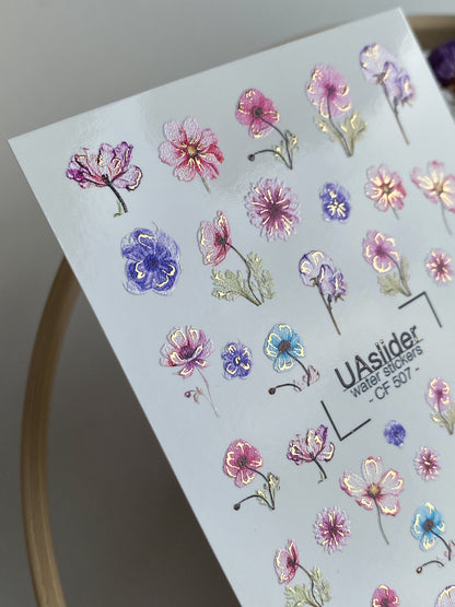 Nail Water Decal CF-507 | Water Slide Nail Decals with Wildflowers | Colorful Floral Nail Art