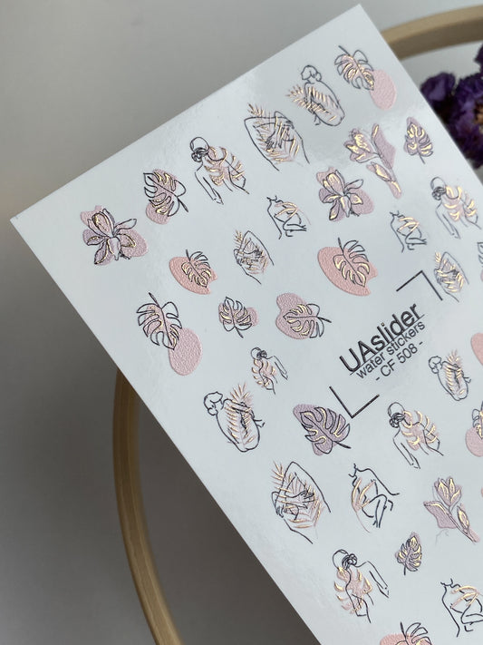 Nail Water Decal CF-508 | Water Slide Nail Decals with Abstract Line Art & Monstera Leaves | Minimal Nail Art